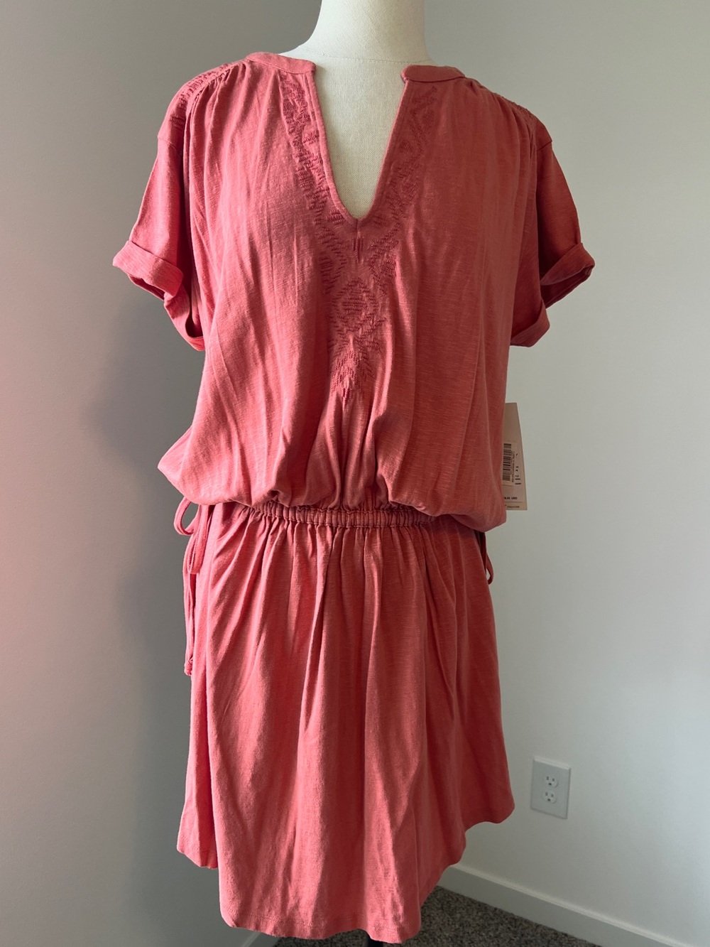 Roxy Cinched Waist Short Sleeve V Neck Dress Pink - medium